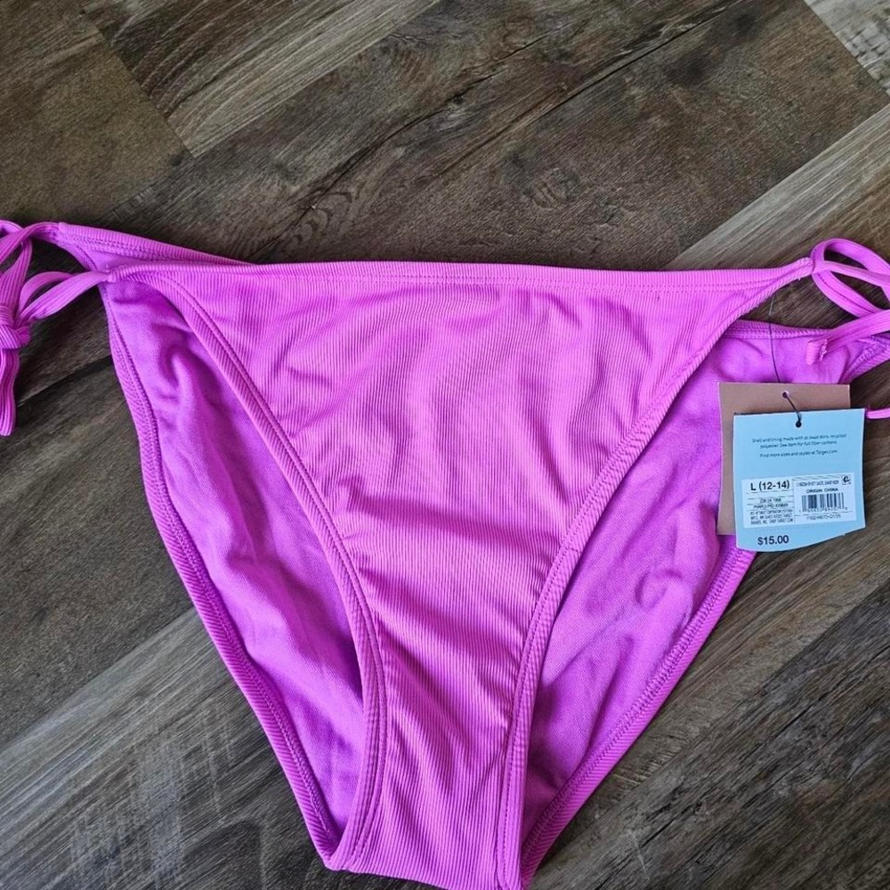 Shade & Shore Womens Ribbed Side Tie Bikini Bottom Purple Large 12-14 New NWT